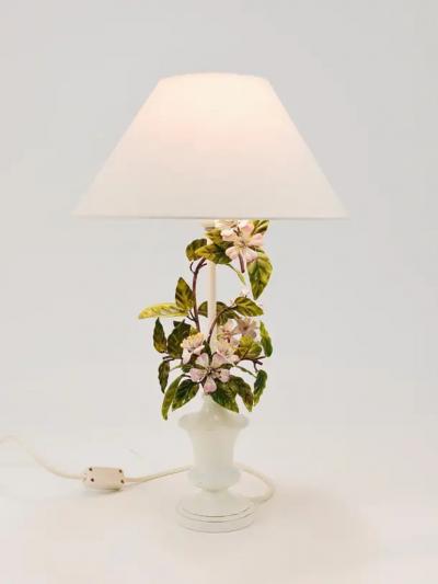 Salvadori Murano Salvadori Hand Painted Wild Apple Blossom Toleware Table Lamp Italy 1950s