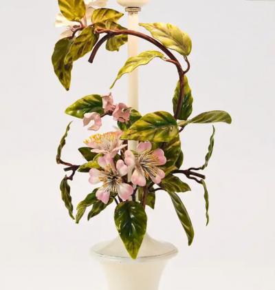 Salvadori Murano Salvadori Hand Painted Wild Apple Blossom Toleware Table Lamp Italy 1950s