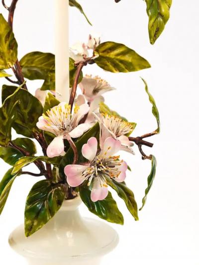 Salvadori Murano Salvadori Hand Painted Wild Apple Blossom Toleware Table Lamp Italy 1950s
