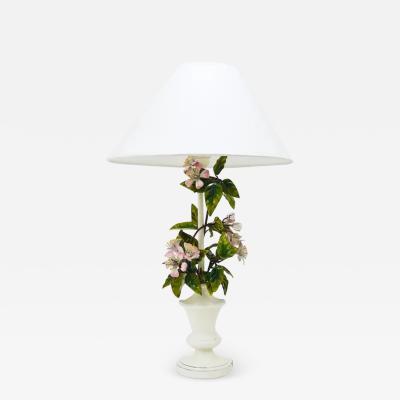 Salvadori Murano Salvadori Hand Painted Wild Apple Blossom Toleware Table Lamp Italy 1950s