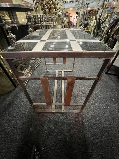Salvatore Bevelacqua ART DECO CHROME COPPER BAND WITH BRASS CAP ACCENTS BLACK WHITE TILE TABLE