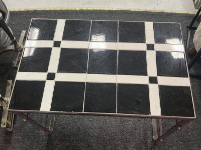 Salvatore Bevelacqua ART DECO CHROME COPPER BAND WITH BRASS CAP ACCENTS BLACK WHITE TILE TABLE