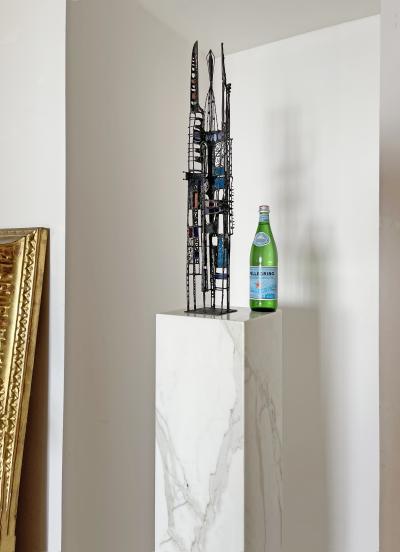 Samuel Adolf Cashwan Mid Century Metal and Colored Glass Sculpture Like Stained Glass