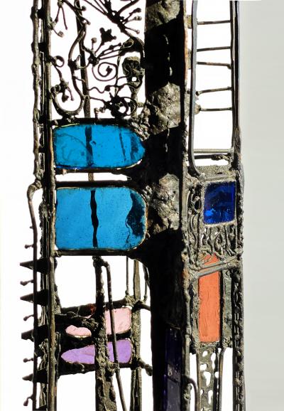 Samuel Adolf Cashwan Mid Century Metal and Colored Glass Sculpture Like Stained Glass