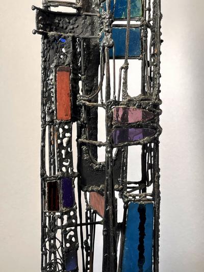 Samuel Adolf Cashwan Mid Century Metal and Colored Glass Sculpture Like Stained Glass