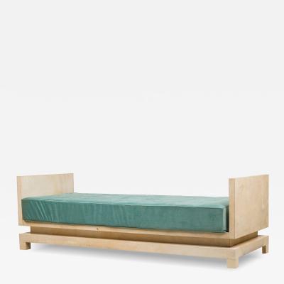 Samuel Marx Parchment and Teal Upholstered Daybed Manner of Samuel Marx
