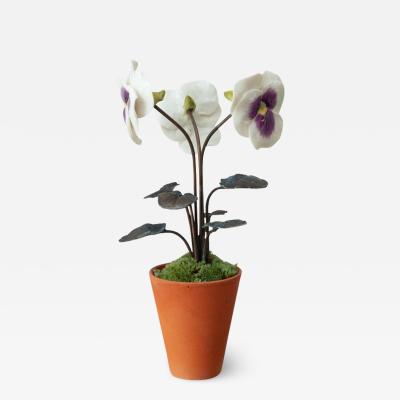 Samuel Mazy Samuel Mazy Three Stem Glazed White Purple Porcelain Pansy Sculpture