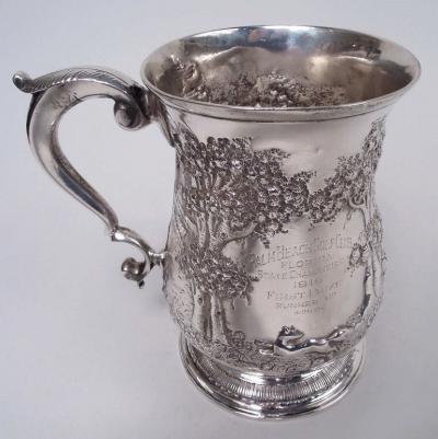 Samuel Welles English Georgian Sterling Silver Mug with Victorian Rural Scene 1759