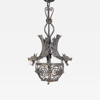 Samuel Yellin Arts and Crafts Wrought Iron Dragon Chandelier