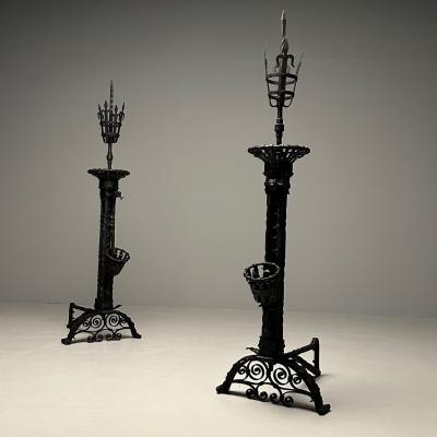 Samuel Yellin Pair Monumental Samuel Yellin Style Wrought Iron Andirons Italian Renaissance