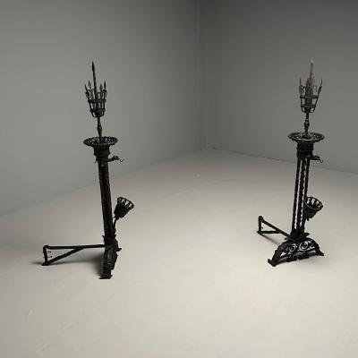 Samuel Yellin Pair Monumental Samuel Yellin Style Wrought Iron Andirons Italian Renaissance