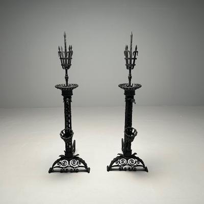 Samuel Yellin Pair Monumental Samuel Yellin Style Wrought Iron Andirons Italian Renaissance
