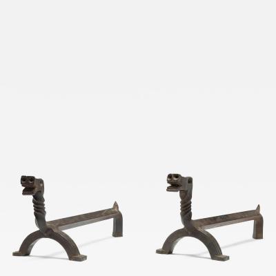 Samuel Yellin Pair of Figural Dragon Andirons In the Manner of Samuel Yellin 1930c 