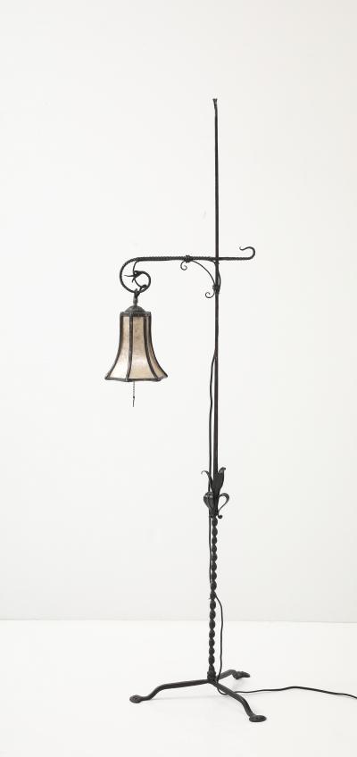 Samuel Yellin Rare floor lamp with creatures and mica shade