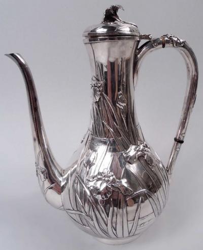 Samurai Shokai Japanese Meiji Art Nouveau Silver Iris Flower Coffeepot
