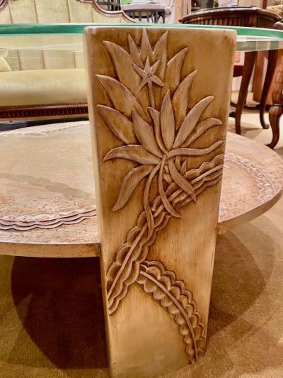 Sandblasted Glass Top Art Deco Coffee Table Silvered Wood Base