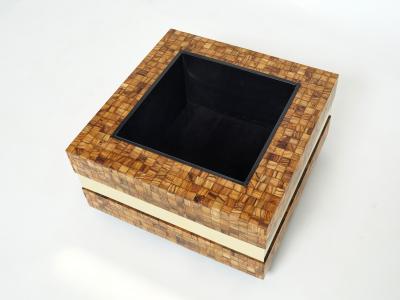 Sandro Petti Italian Sandro Petti olive wood marquetry brass bar table planter 1970s