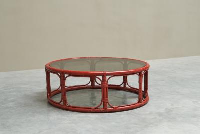Sang de Boeuf Red Lacquered Bamboo and Smoke Glass Coffee Table Mid 20th C