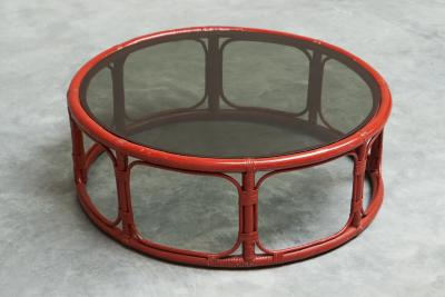 Sang de Boeuf Red Lacquered Bamboo and Smoke Glass Coffee Table Mid 20th C