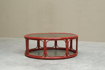 Sang de Boeuf Red Lacquered Bamboo and Smoke Glass Coffee Table Mid 20th C