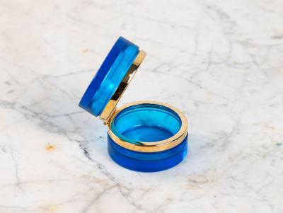 Sapphire Blue Round Glass Box with Polished Bronze Mount France Early 20th C 