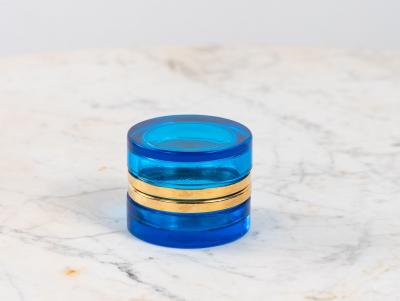 Sapphire Blue Round Glass Box with Polished Bronze Mount France Early 20th C 