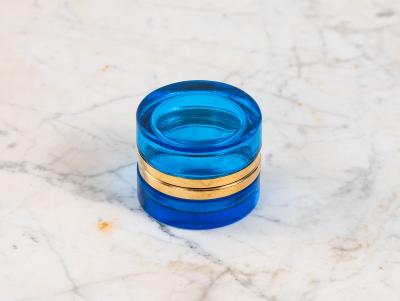 Sapphire Blue Round Glass Box with Polished Bronze Mount France Early 20th C 