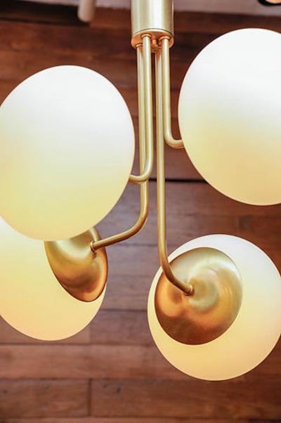 Satin Brass Pendant Lamp with Four Lights and Round White Glass Globe