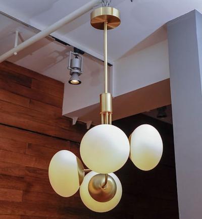 Satin Brass Pendant Lamp with Four Lights and Round White Glass Globe