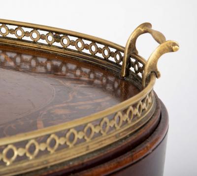 Satinwood Inlaid Brass Gallery Oval Tray on Stand with Elaborate Inlaid Border