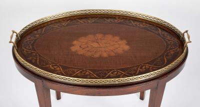 Satinwood Inlaid Brass Gallery Oval Tray on Stand with Elaborate Inlaid Border