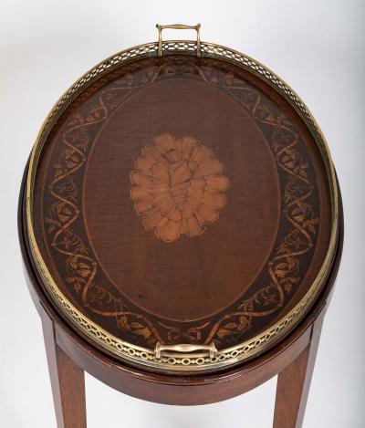 Satinwood Inlaid Brass Gallery Oval Tray on Stand with Elaborate Inlaid Border