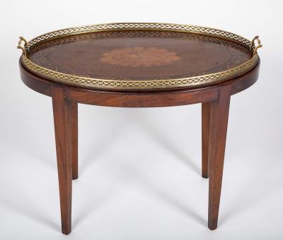 Satinwood Inlaid Brass Gallery Oval Tray on Stand with Elaborate Inlaid Border