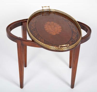 Satinwood Inlaid Brass Gallery Oval Tray on Stand with Elaborate Inlaid Border