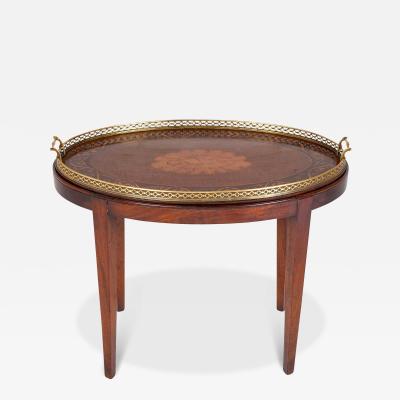 Satinwood Inlaid Brass Gallery Oval Tray on Stand with Elaborate Inlaid Border