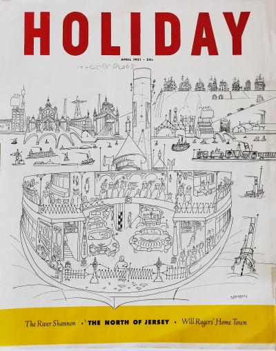 Saul Steinberg New York Harbor with Ferry boats and Victorian Houses Holiday Magazine