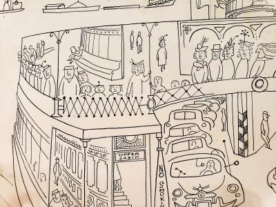 Saul Steinberg New York Harbor with Ferry boats and Victorian Houses Holiday Magazine