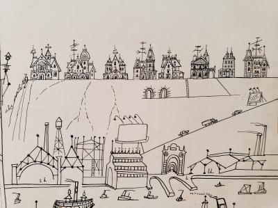 Saul Steinberg New York Harbor with Ferry boats and Victorian Houses Holiday Magazine