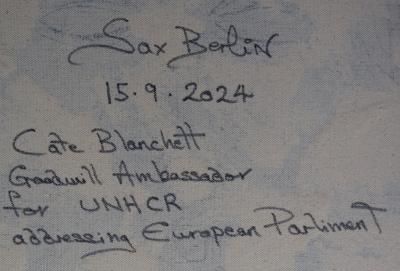 Sax Berlin Cate Blanchett Goodwill Ambassador for UNHCR addressing European Parliament