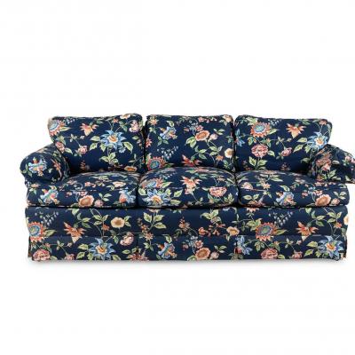 Scalamandre Navy Blue Chintz Upholstered Down Filled Roll Arm Sofa