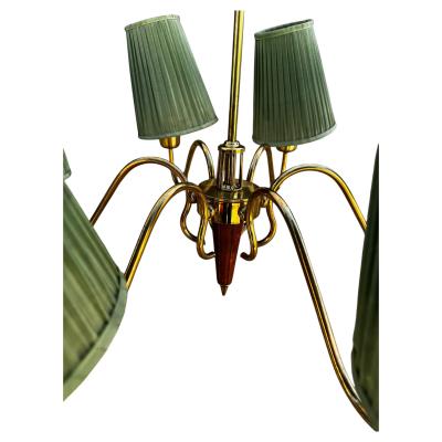 Scandinavian 6 Light Walnut and Brass Pendant Chandelier