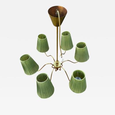 Scandinavian 6 Light Walnut and Brass Pendant Chandelier