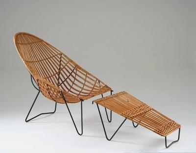 Scandinavian Cane and Metal Lounge Chair 1950s