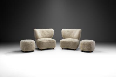 Scandinavian Easy Chairs in Sheepskin with Ottomans Scandinavia ca 1950s