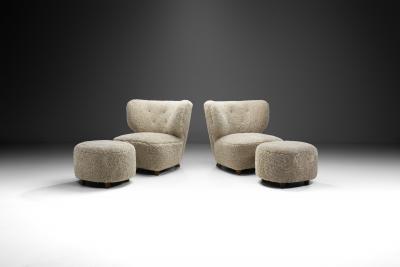 Scandinavian Easy Chairs in Sheepskin with Ottomans Scandinavia ca 1950s