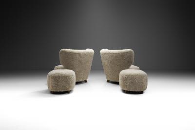 Scandinavian Easy Chairs in Sheepskin with Ottomans Scandinavia ca 1950s