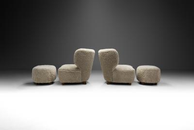 Scandinavian Easy Chairs in Sheepskin with Ottomans Scandinavia ca 1950s