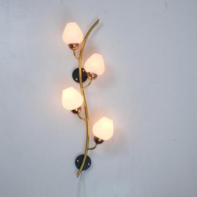 Scandinavian Floral Wall Lamp Brass Copper Black Metal White Glass 1960s