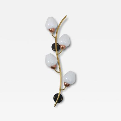 Scandinavian Floral Wall Lamp Brass Copper Black Metal White Glass 1960s