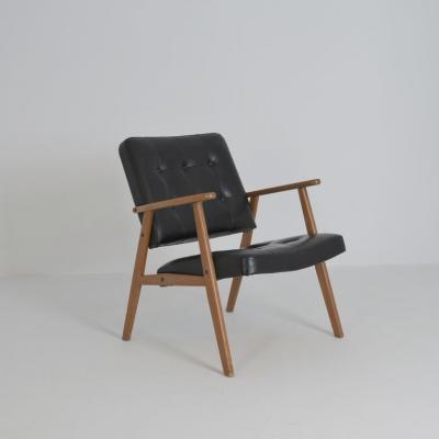 Scandinavian Mid Century Modern Armchair in Oak and Black Faux Leather 1960s